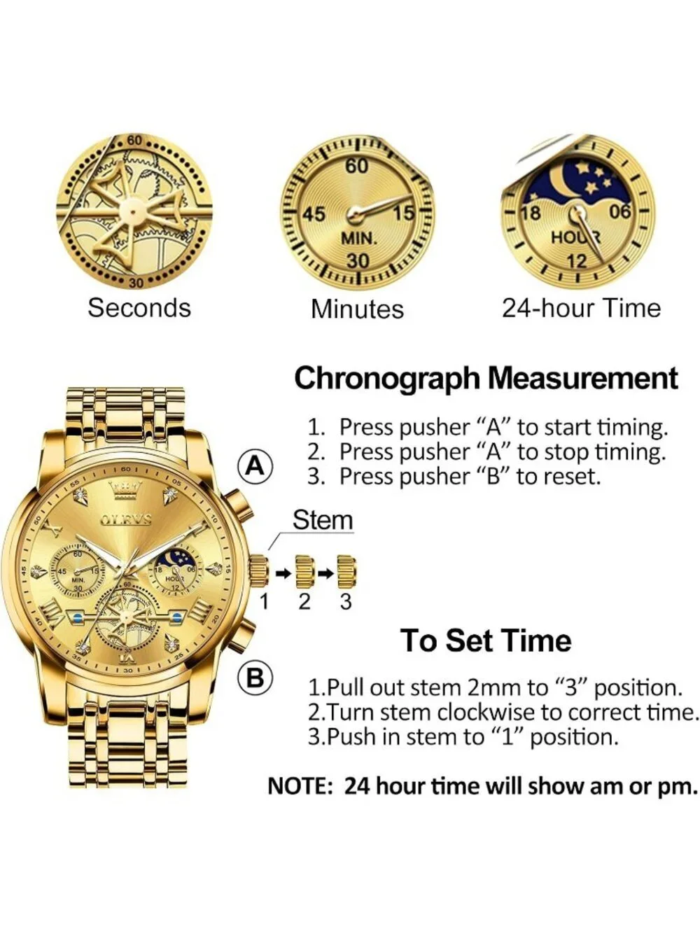Men's Gold Stainless Steel Chronograph Waterproof Quartz Elegant Dress Watch